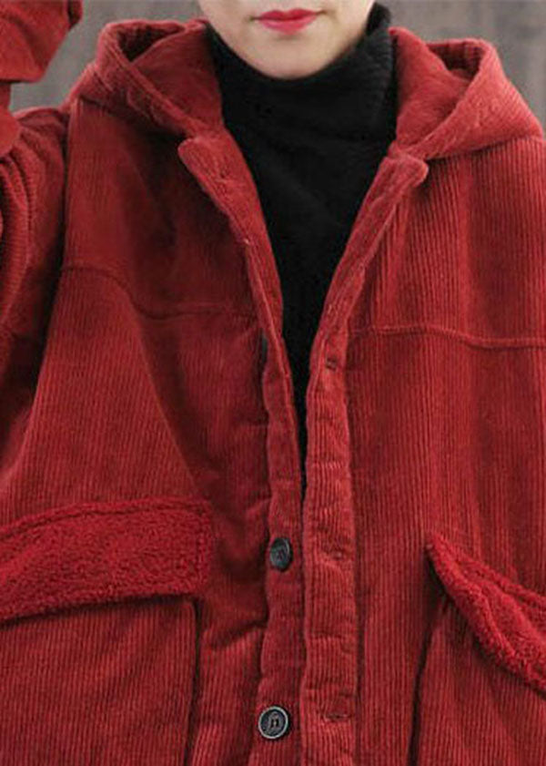 Plus Size Red Hooded Pockets Fine Cotton Filled Corduroy Parka Jacket Winter