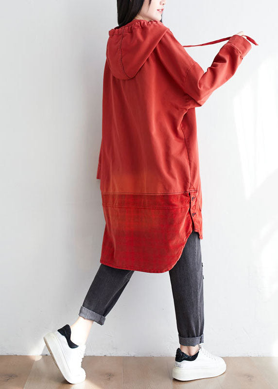 Plus Size Red Hooded Pockets Print Cotton Sweatshirt Dress Spring