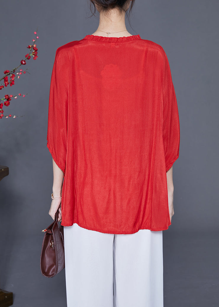 Plus Size Red O-Neck Oversized Wrinkled Silk Blouses Batwing Sleeve