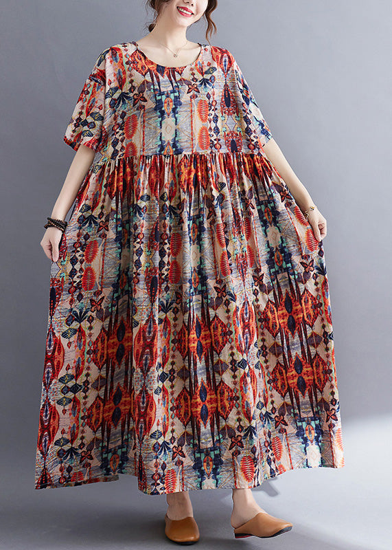 Plus Size Red O-Neck Print Patchwork Cotton Long Dresses Summer