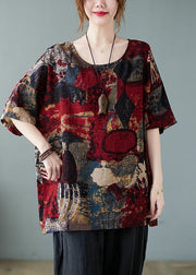 Plus Size Red O Neck Print Patchwork Cotton T Shirt Summer