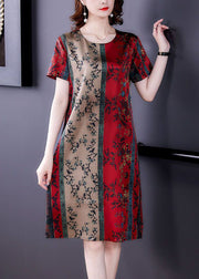 Plus Size Red O-Neck Print Slim Fit Silk Mid Dress Summer