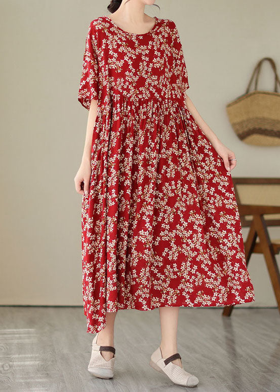 Plus Size Red O Neck Print Wrinkled Patchwork Chiffon Dresses Summer