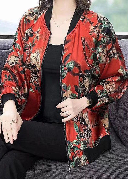 Plus Size Red O-Neck Print Zippered Patchwork Silk Jacket Spring