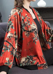 Plus Size Red O-Neck Print Zippered Patchwork Silk Jacket Spring