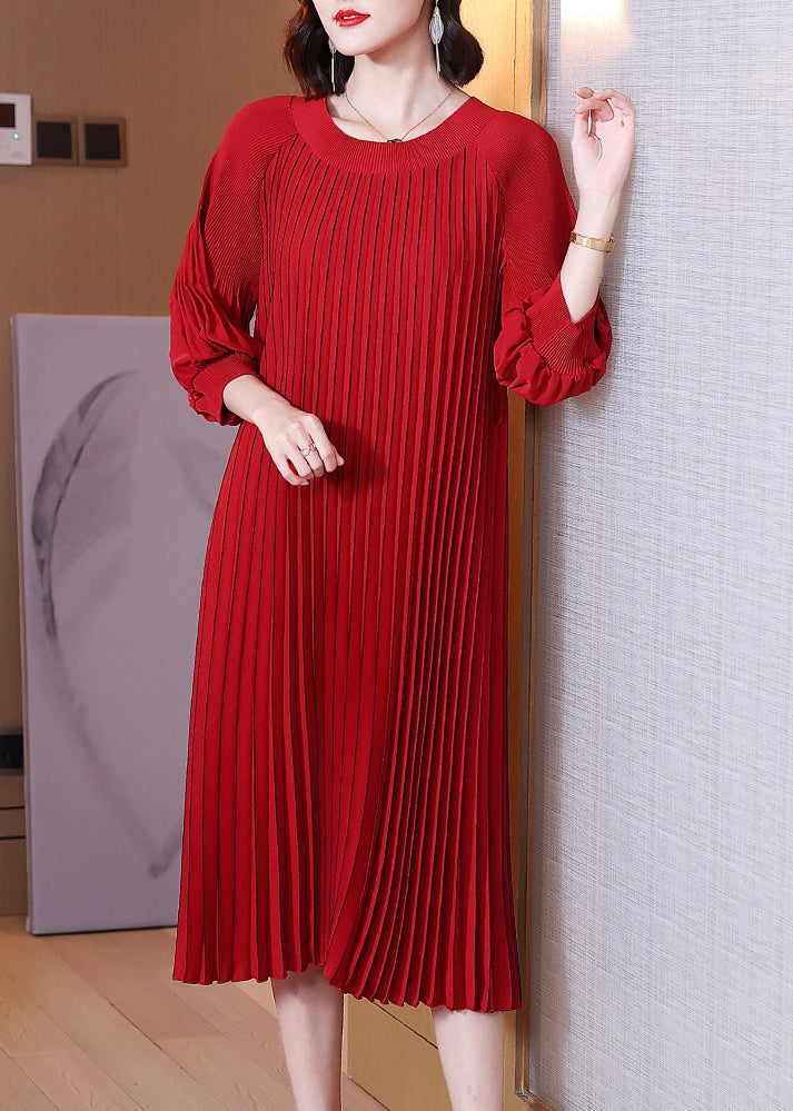 Plus Size Red O-Neck Wrinkled Maxi Dress Lantern Sleeve