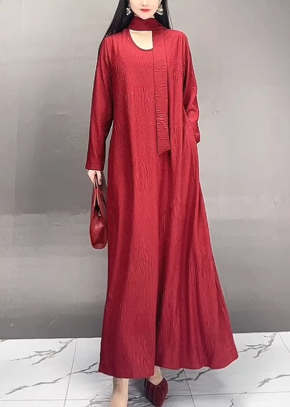 Plus Size Red O-Neck Wrinkled Maxi Dresses Fall