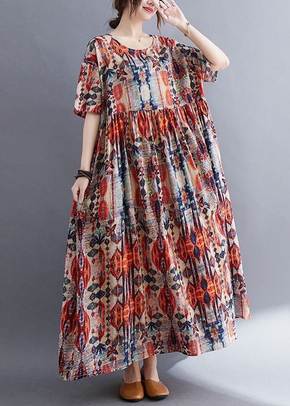 Plus Size Red O Neck Wrinkled Print Patchwork Cotton Dresses Summer