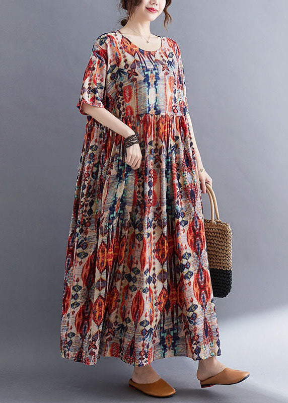 Plus Size Red O Neck Wrinkled Print Patchwork Cotton Dresses Summer