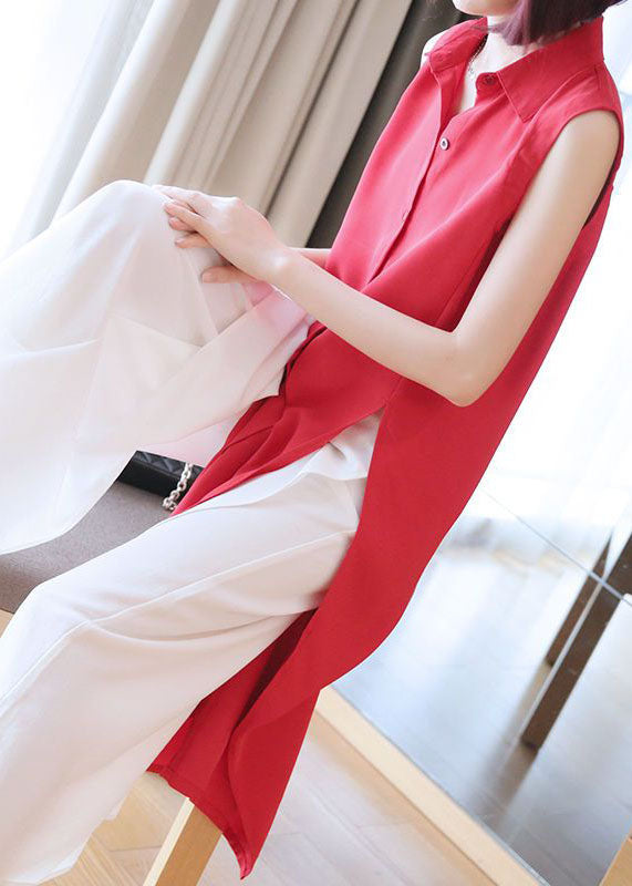 Plus Size Red Peter Pan Collar Side Open Chiffon Long Shirts Sleeveless