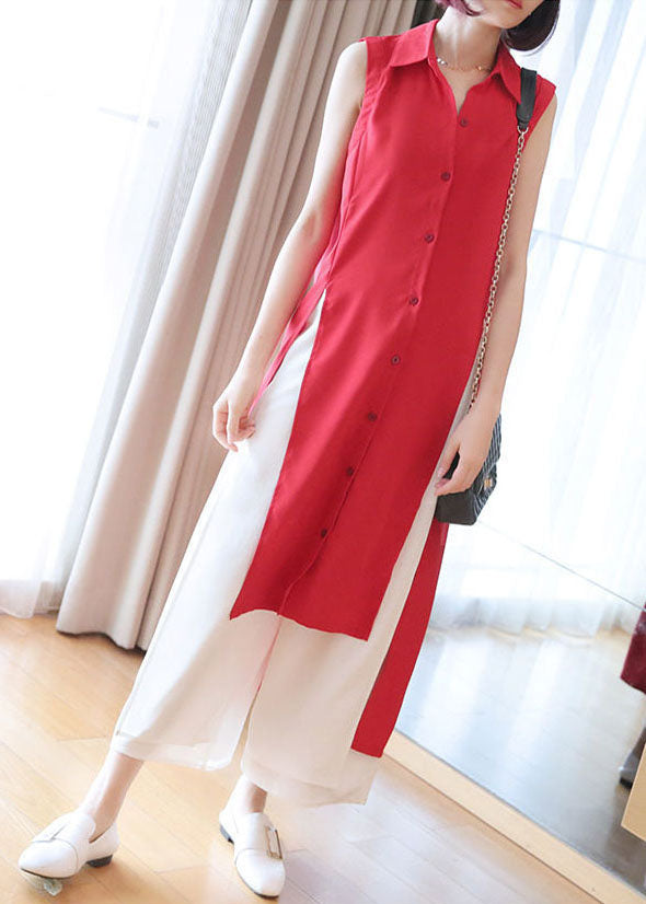 Plus Size Red Peter Pan Collar Side Open Chiffon Long Shirts Sleeveless