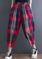 Plus Size Red Plaid Elastic Waist Cotton Crop Pants Summer