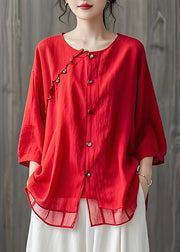 Plus Size Red Ruffled Button Patchwork Cotton Shirt Top Summer