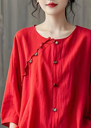 Plus Size Red Ruffled Button Patchwork Cotton Shirt Top Summer