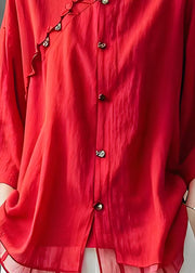 Plus Size Red Ruffled Button Patchwork Cotton Shirt Top Summer