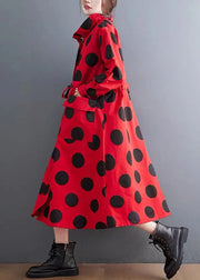 Plus Size Red Ruffled Pockets Dot Drawstring Cotton Coats Spring