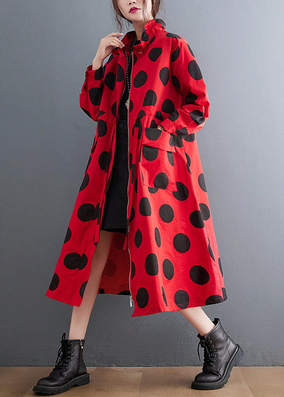 Plus Size Red Ruffled Pockets Dot Drawstring Cotton Coats Spring