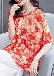 Plus Size Red Ruffled Print Patchwork Chiffon Tops Summer