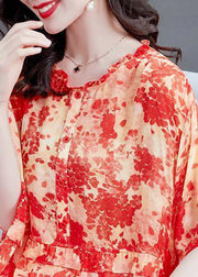 Plus Size Red Ruffled Print Patchwork Chiffon Tops Summer