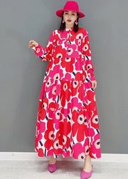 Plus Size Red Stand Collar Print Patchwork Wrinkled Cotton Long Dress Long Sleeve