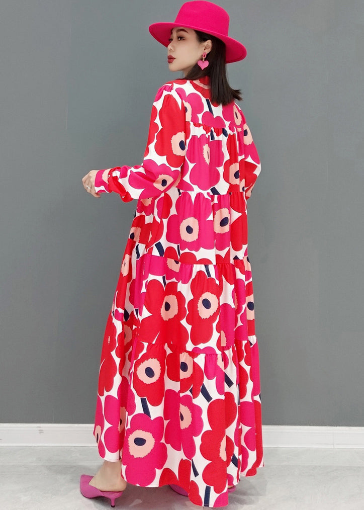 Plus Size Red Stand Collar Print Patchwork Wrinkled Cotton Long Dress Long Sleeve