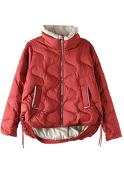 Plus Size Red Stand Collar Zip Up Drawstring Duck Down Down Jacket Winter