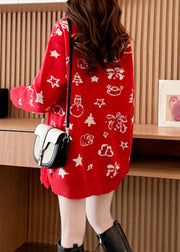 Plus Size Red Thick Print Cotton Knit Sweater Long Sleeve