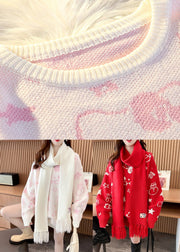 Plus Size Red Thick Print Cotton Knit Sweater Long Sleeve