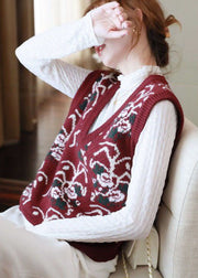 Plus Size Red V Neck Print Knit Vests Spring