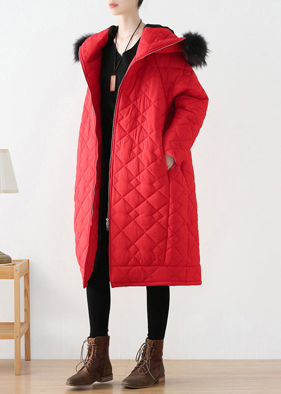 Plus Size Red Zippered Thick Hooded Long Parka Winter