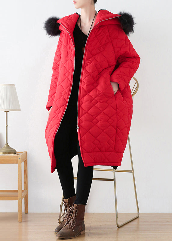 Plus Size Red Zippered Thick Hooded Long Parka Winter