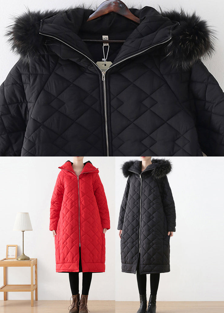 Plus Size Red Zippered Thick Hooded Long Parka Winter