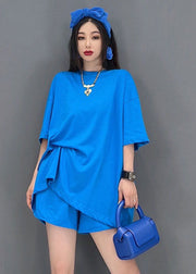 Plus Size Solid Blue O-Neck Backless Cotton Tanks And Shorts Two-Piece Set Summer