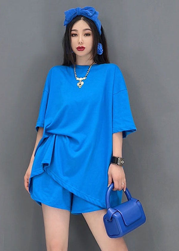 Plus Size Solid Blue O-Neck Backless Cotton Tanks And Shorts Two-Piece Set Summer