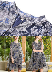 Plus Size Stand Collar Oversized Print Chiffon Holiday Dress Long Sleeve