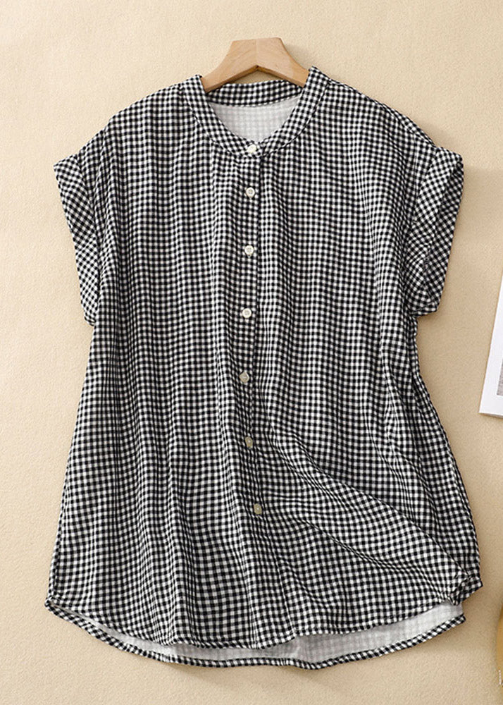 Plus Size Stand Collar Plaid Button Cotton Shirts Summer