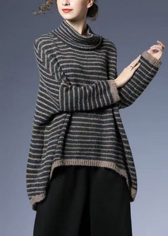 Plus Size Striped Low High Design Cotton Knit Sweaters Batwing Sleeve