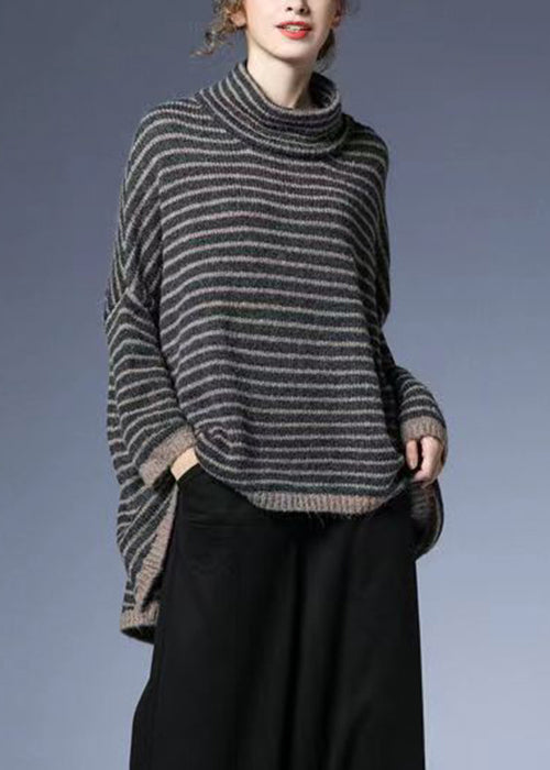 Plus Size Striped Low High Design Cotton Knit Sweaters Batwing Sleeve