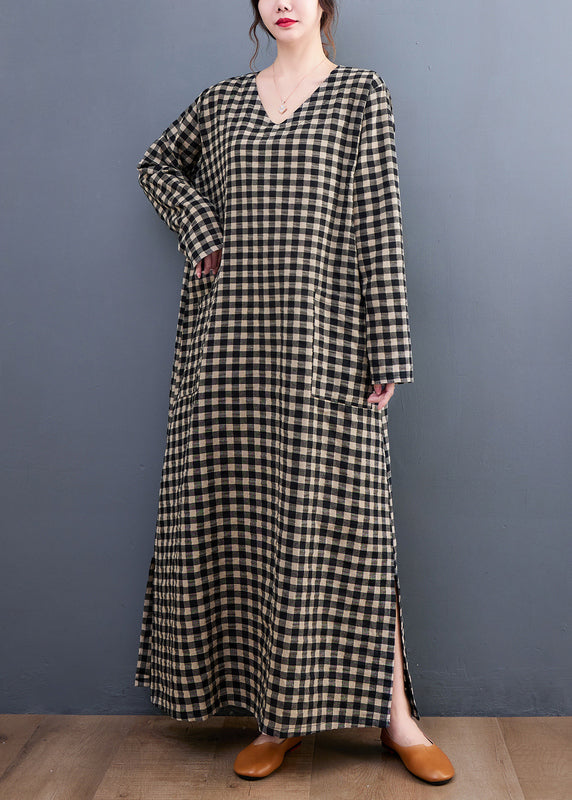 Plus Size V Neck Plaid Pockets Cotton Long Dress Summer