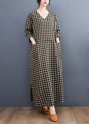 Plus Size V Neck Plaid Pockets Cotton Long Dress Summer