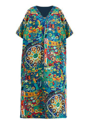 Plus Size V Neck Print Holiday Long Dress Short Sleeve