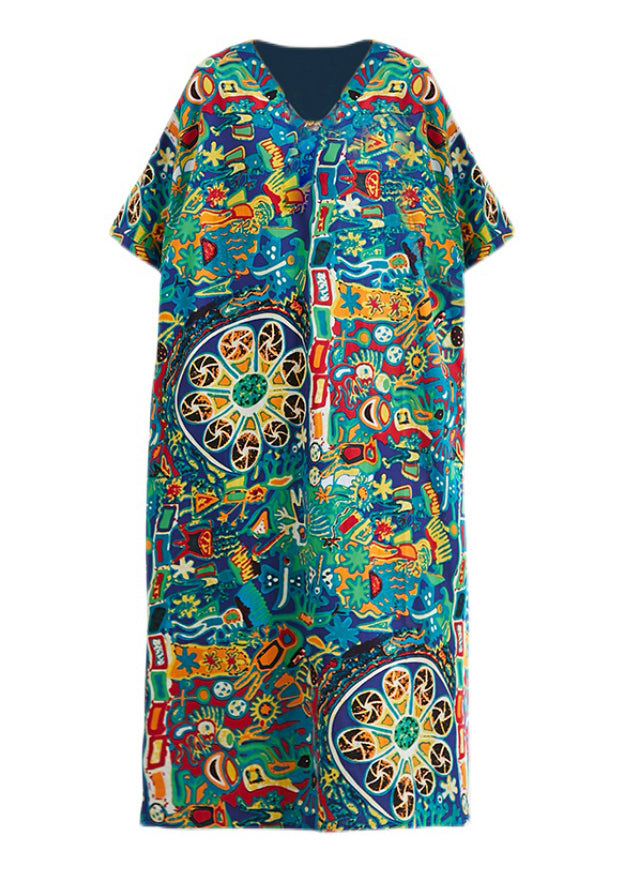 Plus Size V Neck Print Holiday Long Dress Short Sleeve