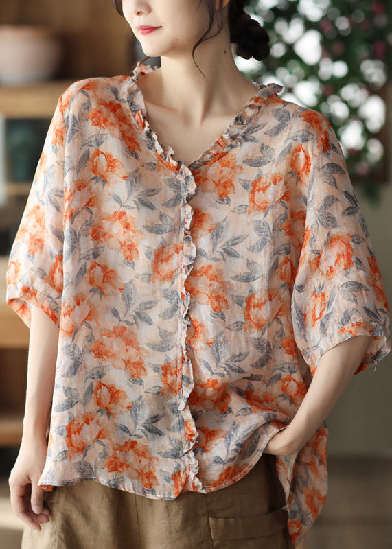 Plus Size V Neck Print Ruffled Linen Tops Half Sleeve