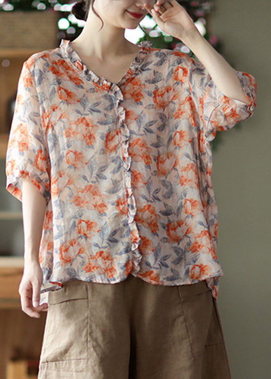 Plus Size V Neck Print Ruffled Linen Tops Half Sleeve