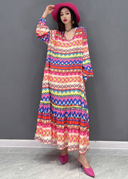 Plus Size V Neck Print Silk Maxi Dress Long Sleeve