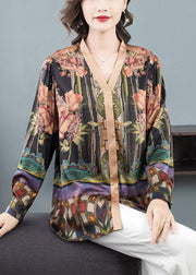 Plus Size V Neck Print Silk Top Long Sleeve