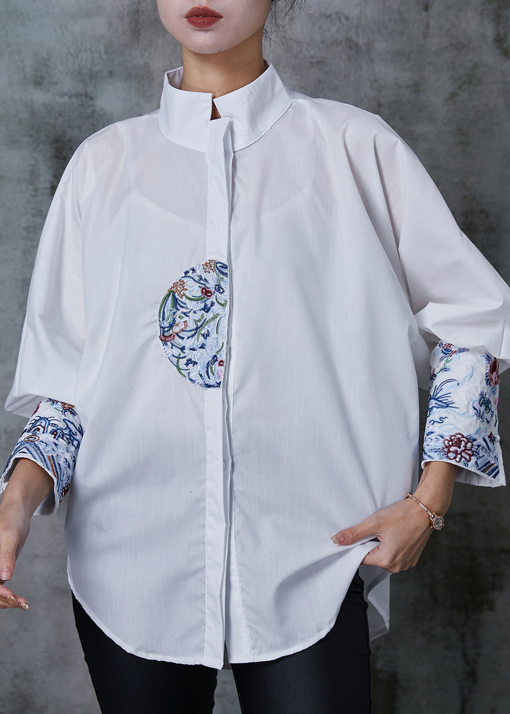 Plus Size White Embroidered Cotton Shirt Tops Summer