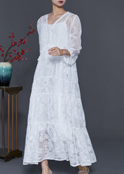 Plus Size White Embroidered Lace Maxi Dresses Spring