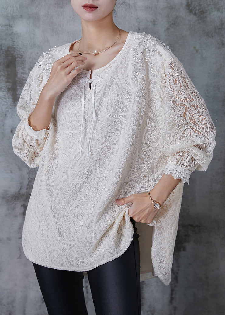 Plus Size White Nail Bead Chinese Button Lace Top Summer