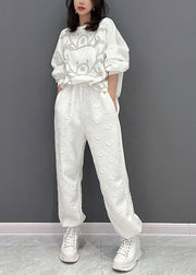 Plus Size White Oversized Bear Jacquard Cotton Two Piece Set Fall